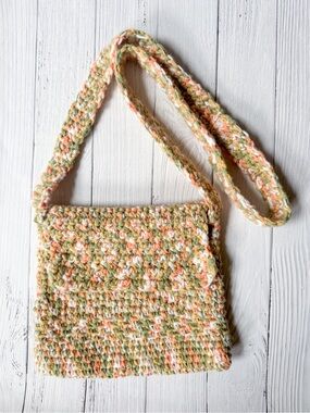 Handmade Crochet Crossbody Bag Earthy Green Peach Variegated Knit Flap Mini Tote